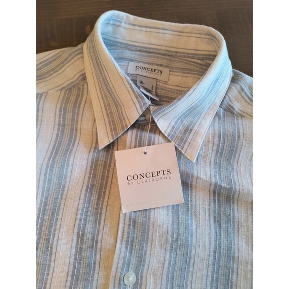 Concepts Linen Blend Button Down Shirt Men's size L Blue White Stipe Long Sleeve - Picture 9 of 15